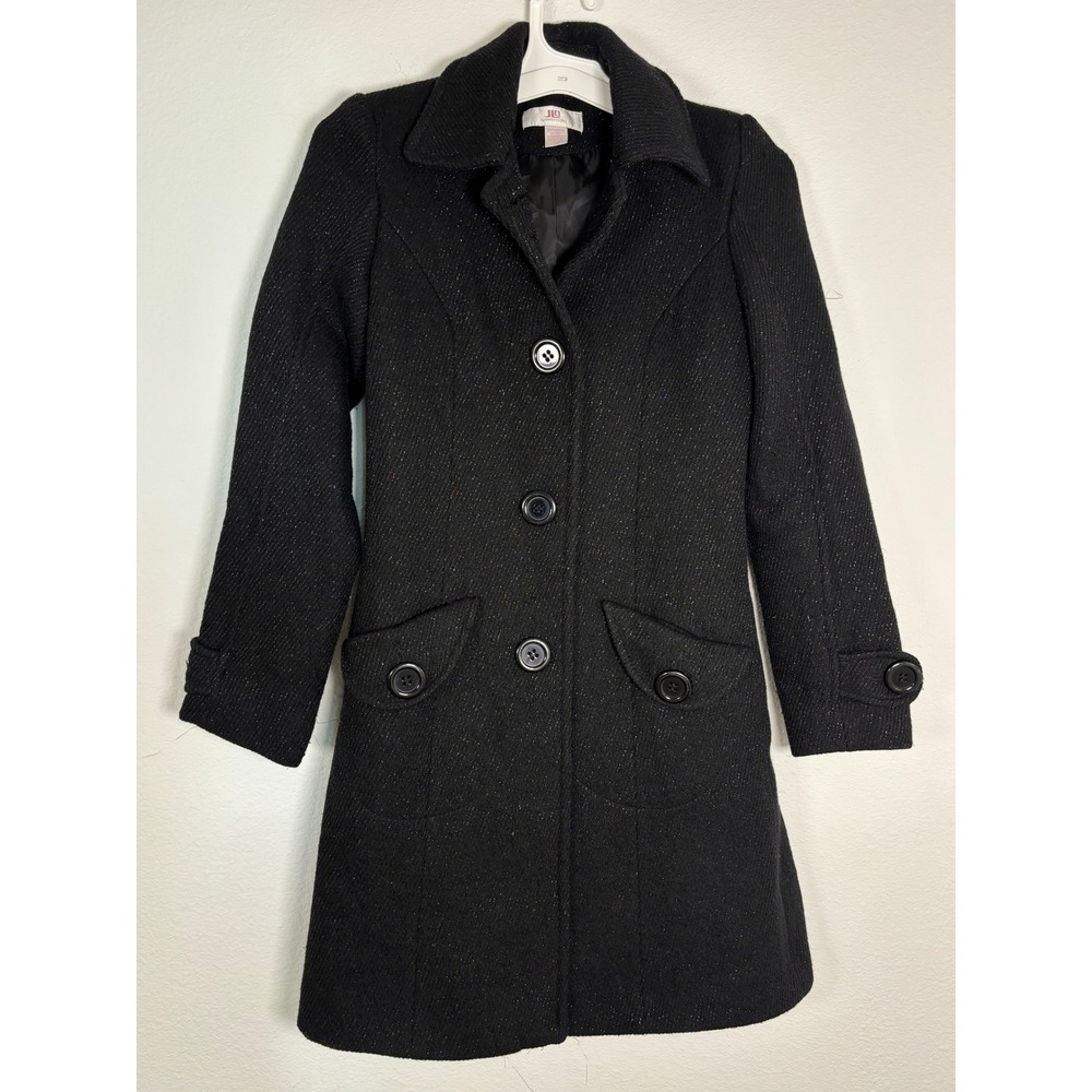 JLO Jennifer Lopez Black Metallic Shimmer Pea Coat Jacket Womens XS Small Button